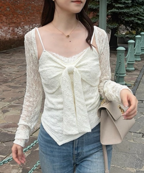 one after another NICE CLAUP(ワンアフターアナザーナイスクラップ)の「【hinano企画】ボレロセットリボントップス(Tシャツ/カットソー・レディース・ピンク/ブラック/ブラウン/オフホワイト・FREE)」の2枚目の写真