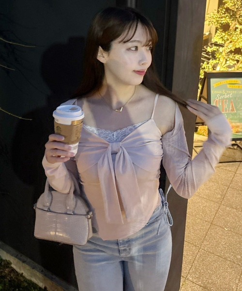 one after another NICE CLAUP(ワンアフターアナザーナイスクラップ)の「【hinano企画】ボレロセットリボントップス(Tシャツ/カットソー・レディース・ピンク/ブラック/ブラウン/オフホワイト・FREE)」の17枚目の写真