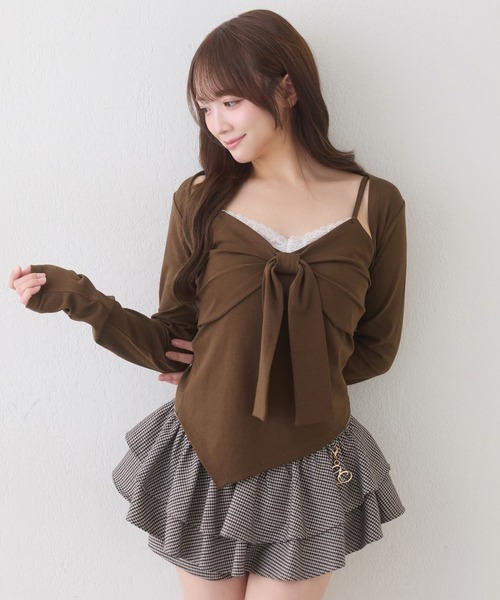 one after another NICE CLAUP(ワンアフターアナザーナイスクラップ)の「【hinano企画】ボレロセットリボントップス(Tシャツ/カットソー・レディース・ピンク/ブラック/ブラウン/オフホワイト・FREE)」の11枚目の写真