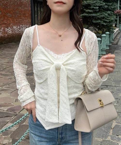 one after another NICE CLAUP(ワンアフターアナザーナイスクラップ)の「【hinano企画】ボレロセットリボントップス(Tシャツ/カットソー・レディース・ピンク/ブラック/ブラウン/オフホワイト・FREE)」の18枚目の写真