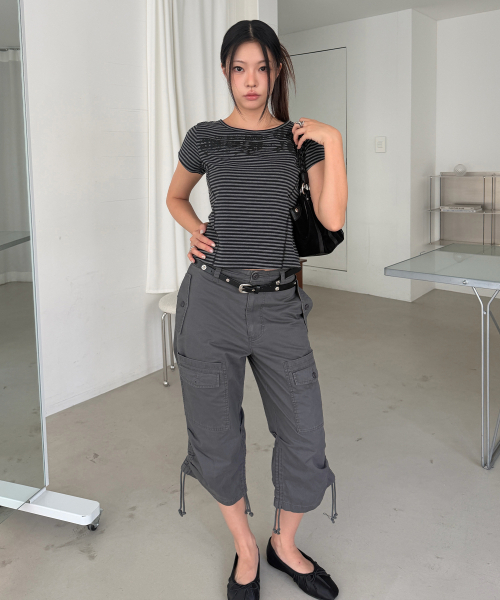 LMR(エルエムアール)の「ストライプスリム半袖TシャツGREY(Tシャツ/カットソー・レディース・チャコールグレー・SMALL/MEDIUM)」の4枚目の写真