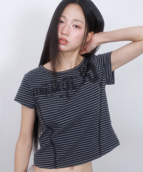 LMR(エルエムアール)の「ストライプスリム半袖TシャツGREY(Tシャツ/カットソー・レディース・チャコールグレー・SMALL/MEDIUM)」の5枚目の写真