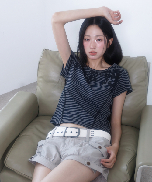 LMR(エルエムアール)の「ストライプスリム半袖TシャツGREY(Tシャツ/カットソー・レディース・チャコールグレー・SMALL/MEDIUM)」の6枚目の写真