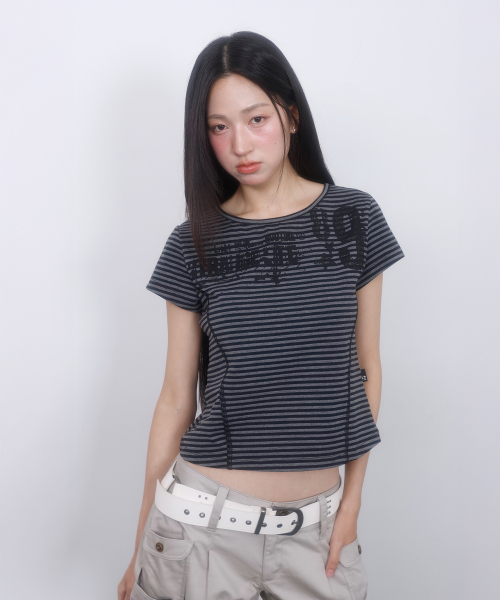 LMR(エルエムアール)の「ストライプスリム半袖TシャツGREY(Tシャツ/カットソー・レディース・チャコールグレー・SMALL/MEDIUM)」の8枚目の写真