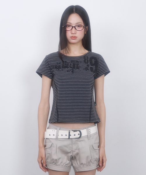 LMR(エルエムアール)の「ストライプスリム半袖TシャツGREY(Tシャツ/カットソー・レディース・チャコールグレー・SMALL/MEDIUM)」の9枚目の写真