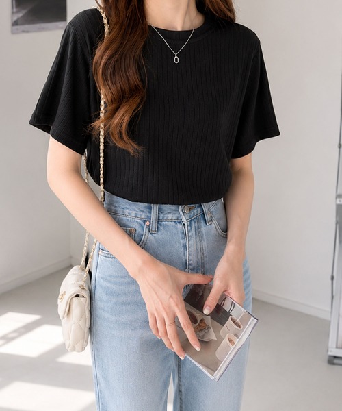 Dewlily(デューリリー)の「伸縮性があり快適に着られる◎ リブ半袖ニットトップス(ニット/セーター・レディース・ブラック/カーキ/ホワイト・M/S)」の19枚目の写真