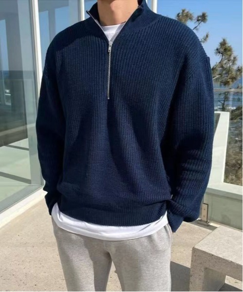 DOUBLE STEAL(ダブルスティール)の「DS畦編みハーフジップニット(ニット/セーター・メンズ・ネイビー/ベージュ/ブラック/グレー・MEDIUM/X-LARGE/LARGE)」の4枚目の写真