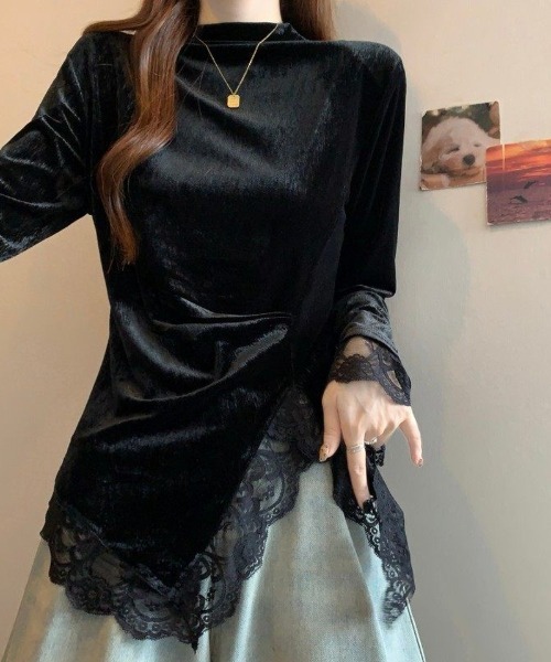 Ritzy(リッツィー)の「ベロア切り替え アシンメトリー レーストップス(Tシャツ/カットソー・レディース・ブラック・M/L)」の2枚目の写真