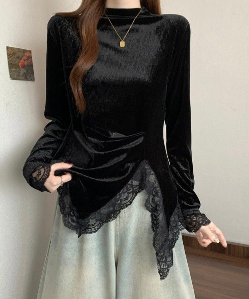 Ritzy(リッツィー)の「ベロア切り替え アシンメトリー レーストップス(Tシャツ/カットソー・レディース・ブラック・M/L)」の3枚目の写真