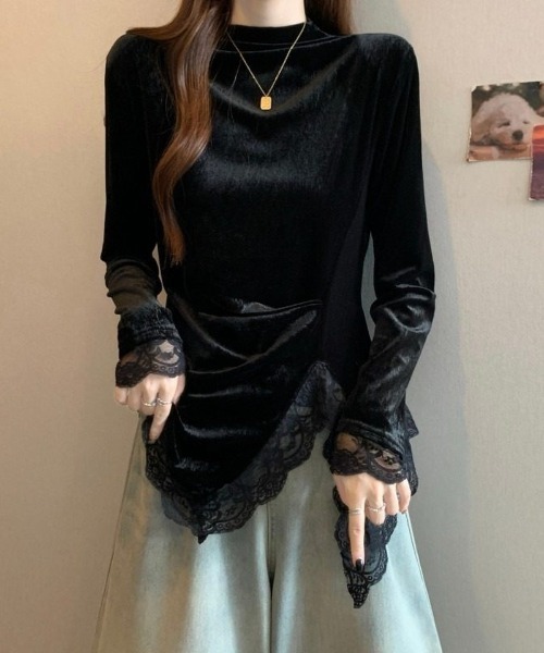 Ritzy(リッツィー)の「ベロア切り替え アシンメトリー レーストップス(Tシャツ/カットソー・レディース・ブラック・M/L)」の4枚目の写真