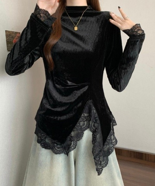 Ritzy(リッツィー)の「ベロア切り替え アシンメトリー レーストップス(Tシャツ/カットソー・レディース・ブラック・M/L)」の5枚目の写真