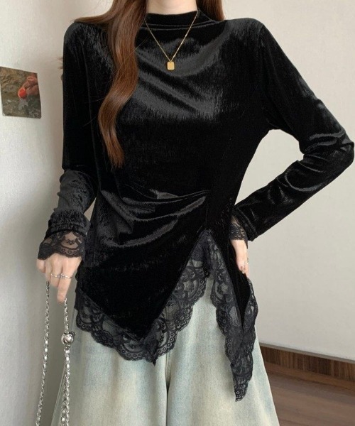 Ritzy(リッツィー)の「ベロア切り替え アシンメトリー レーストップス(Tシャツ/カットソー・レディース・ブラック・M/L)」の9枚目の写真