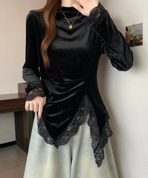 Ritzy(リッツィー)の「ベロア切り替え アシンメトリー レーストップス(Tシャツ/カットソー・レディース・ブラック・M/L)」の10枚目の写真