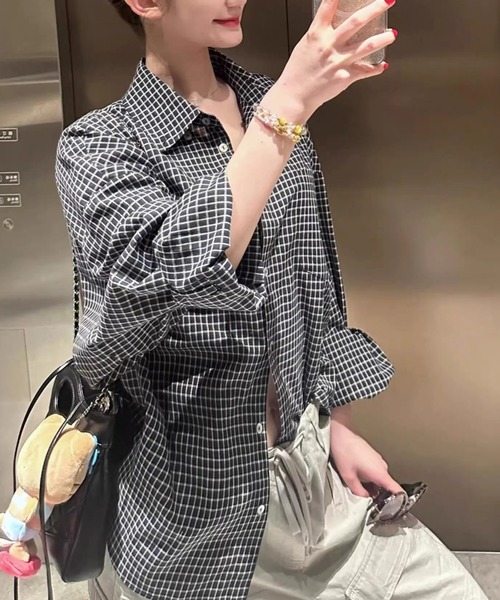 Teem Store(チームストア)の「オーバーサイズチェック柄ビッグシャツ(シャツ/ブラウス・レディース・ブラック・M)」の7枚目の写真
