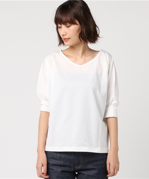 un dix cors（アンディコール）の「シャドーストライププルオーバー（Tシャツ/カットソー・レディース・ライトベージュ/ホワイト/ブルー・ﾌﾘ-）」の4枚目の写真