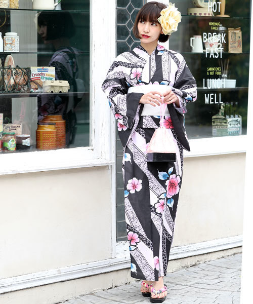 C R E A M クリーム の 浴衣 帯 作り帯 下駄 3点セット モデル森麻耶 京都特選浴衣セット 白 黒 ピンク 浴衣 Wear