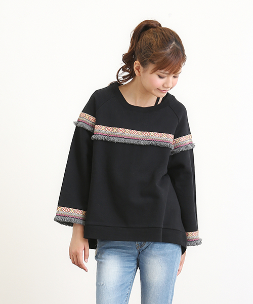 CUBE SUGAR（キューブシュガー）の「裏毛エスニッククルー（Tシャツ/カットソー・レディース・トップグレー/ナチュラル/ブラック/カーキ・M）」の2枚目の写真