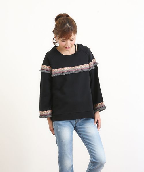 CUBE SUGAR（キューブシュガー）の「裏毛エスニッククルー（Tシャツ/カットソー・レディース・トップグレー/ナチュラル/ブラック/カーキ・M）」の15枚目の写真