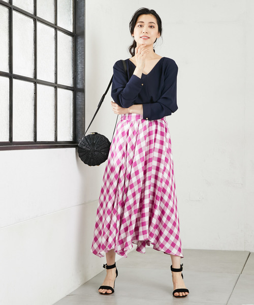 RIVE DROITE(リヴドロワ)の「【洗える】トロミチェックイレヘムスカート(スカート・レディース・ホワイト×ブラック/ホワイト×ピンク・FREE)」の9枚目の写真