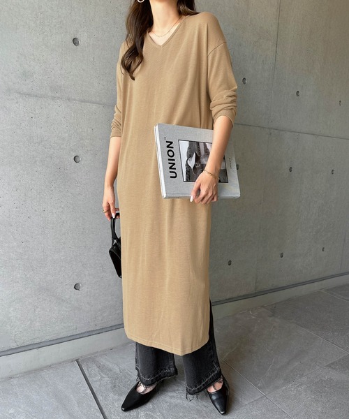 セール】薄手ニットソーVネックロング丈ワンピース（ワンピース