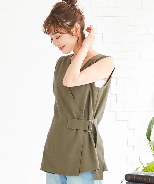 KOBE LETTUCE(コウベレタス)の「リネンサイドベルトノースリーブトップス【セットアップOK】(シャツ/ブラウス・レディース・ネイビー/カーキ/オレンジ/ホワイト系その他・FREE)」の3枚目の写真