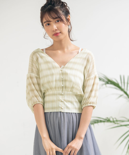 Newlyme(ニューリーミー)の「2WAYバルーンスリーブショートブラウス(シャツ/ブラウス・レディース・ベージュ/オフホワイト/ベージュ系その他/ブルー系その他/ピンク系その他・MEDIUM/LARGE)」の3枚目の写真