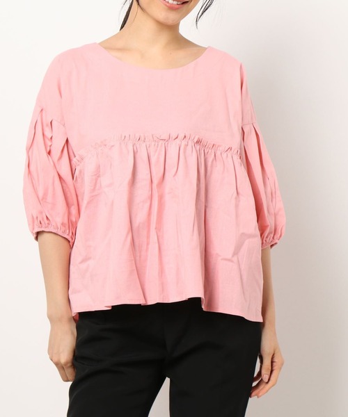 emi+(エミプラス)の「フロントギャザーチュニックブラウス(シャツ/ブラウス・レディース・ホワイト/パープル/グリーン/キャメル/ライトグリーン/ブラック/ライトピンク/ブルーグリーン・FREE)」の8枚目の写真