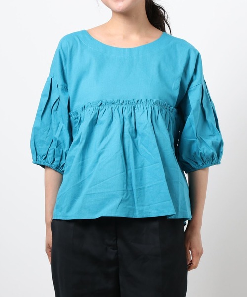 emi+(エミプラス)の「フロントギャザーチュニックブラウス(シャツ/ブラウス・レディース・ホワイト/パープル/グリーン/キャメル/ライトグリーン/ブラック/ライトピンク/ブルーグリーン・FREE)」の5枚目の写真