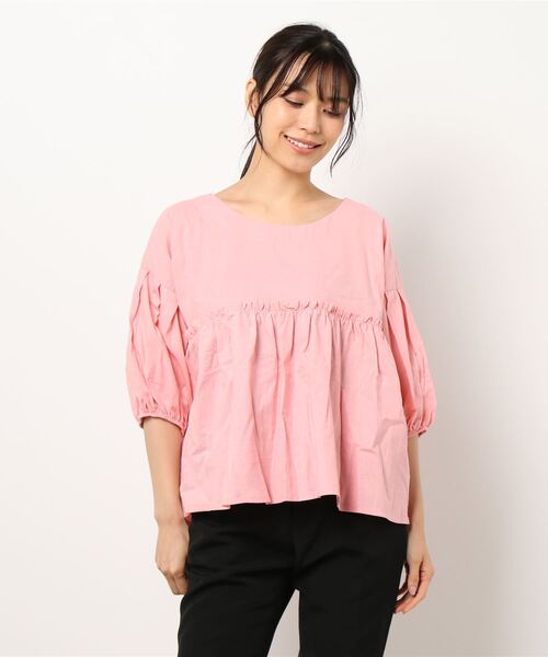 emi+(エミプラス)の「フロントギャザーチュニックブラウス(シャツ/ブラウス・レディース・ホワイト/パープル/グリーン/キャメル/ライトグリーン/ブラック/ライトピンク/ブルーグリーン・FREE)」の9枚目の写真