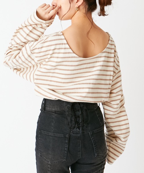 Chico（チコ）の「ボーダー袖スリットルーズロンT（Tシャツ/カットソー・レディース・ミント/ベージュ/ネイビー・FREE）」の2枚目の写真