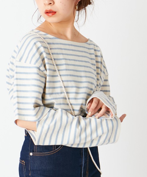 Chico（チコ）の「ボーダー袖スリットルーズロンT（Tシャツ/カットソー・レディース・ミント/ベージュ/ネイビー・FREE）」の3枚目の写真
