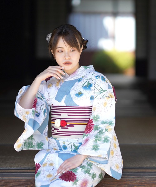 浴衣3点セット　ブルーグレーに咲きこぼれる花