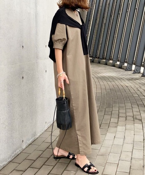 Re:EDIT（リエディ）の「ストレッチコットンパフスリーブVネックワンピース（ワンピース・レディース・イエロー/アイボリー/モカ・MEDIUM/LARGE/SHORT/TALL）」の3枚目の写真