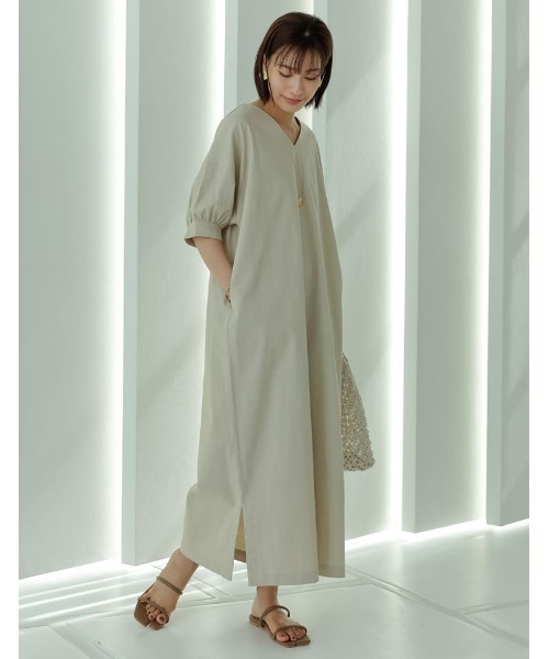 Re:EDIT（リエディ）の「ストレッチコットンパフスリーブVネックワンピース（ワンピース・レディース・イエロー/アイボリー/モカ・MEDIUM/LARGE/SHORT/TALL）」の19枚目の写真