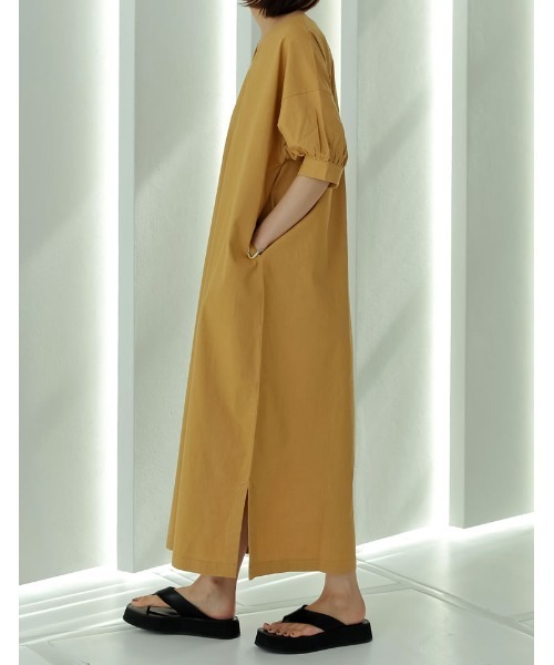 Re:EDIT（リエディ）の「ストレッチコットンパフスリーブVネックワンピース（ワンピース・レディース・イエロー/アイボリー/モカ・MEDIUM/LARGE/SHORT/TALL）」の18枚目の写真