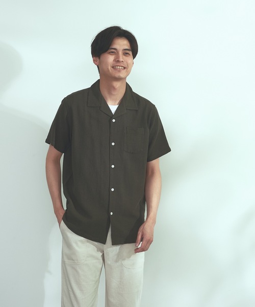 Blue Standard (ブルースタンダード)の「【BLUE STANDARD】しゃり感 涼しい フレンチオーガニックリネンミックス オープンカラー(開襟) パナマシャツ(シャツ/ブラウス・メンズ・カーキ/サックスブルー/ネイビー/ホワイト/ブルー/ライトグレー・MEDIUM/X-LARGE/LARGE)」の4枚目の写真