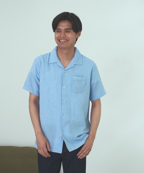 Blue Standard (ブルースタンダード)の「【BLUE STANDARD】しゃり感 涼しい フレンチオーガニックリネンミックス オープンカラー(開襟) パナマシャツ(シャツ/ブラウス・メンズ・カーキ/サックスブルー/ネイビー/ホワイト/ブルー/ライトグレー・MEDIUM/X-LARGE/LARGE)」の5枚目の写真