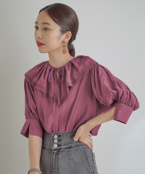 VIS（ビス）の「取り外しのできるフリル衿2WAYブラウス（シャツ/ブラウス・レディース・スミクロ/パープル/オフホワイト・FREE）」の3枚目の写真