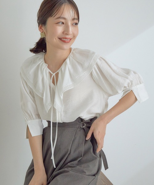 VIS（ビス）の「取り外しのできるフリル衿2WAYブラウス（シャツ/ブラウス・レディース・スミクロ/パープル/オフホワイト・FREE）」の9枚目の写真