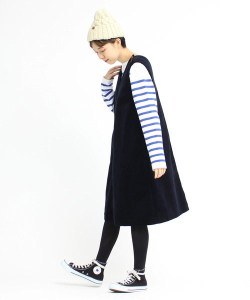 CHILD WOMAN（チャイルドウーマン）の「8ＷコールディアモイストVネック ジャンパースカート（ジャンパースカート・レディース・ネイビー/ブラウン・FREE）」の4枚目の写真