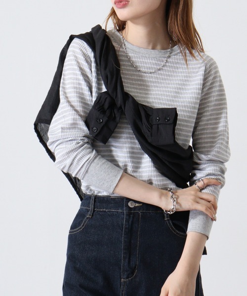 JEMORGAN(ジェーイーモーガン)の「JEMORGAN ワッフルボーダー柄ラグランクルーネック(パック入)(Tシャツ/カットソー・レディース・ホワイト×ネイビー/グレー×ホワイト/ブルー系その他/ブルー系その他2/レッド系その他/ホワイト×グリーン/杢グレー/ナチュラル・FREE/F)」の3枚目の写真