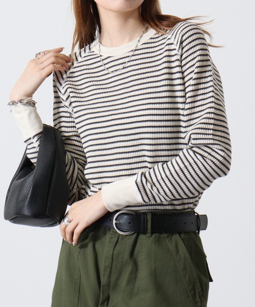 JEMORGAN(ジェーイーモーガン)の「JEMORGAN ワッフルボーダー柄ラグランクルーネック(パック入)(Tシャツ/カットソー・レディース・ホワイト×ネイビー/グレー×ホワイト/ブルー系その他/ブルー系その他2/レッド系その他/ホワイト×グリーン/杢グレー/ナチュラル・FREE/F)」の5枚目の写真