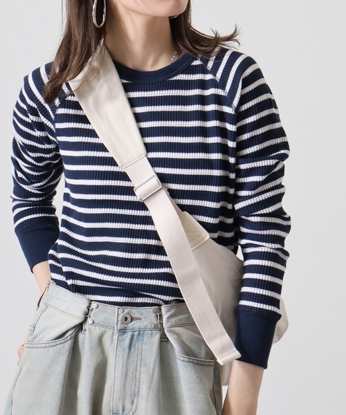 JEMORGAN(ジェーイーモーガン)の「JEMORGAN ワッフルボーダー柄ラグランクルーネック(パック入)(Tシャツ/カットソー・レディース・ホワイト×ネイビー/グレー×ホワイト/ブルー系その他/ブルー系その他2/レッド系その他/ホワイト×グリーン/杢グレー/ナチュラル・FREE/F)」の6枚目の写真