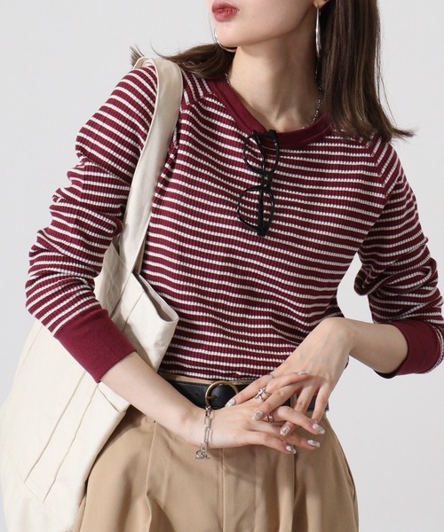 JEMORGAN(ジェーイーモーガン)の「JEMORGAN ワッフルボーダー柄ラグランクルーネック(パック入)(Tシャツ/カットソー・レディース・ホワイト×ネイビー/グレー×ホワイト/ブルー系その他/ブルー系その他2/レッド系その他/ホワイト×グリーン/杢グレー/ナチュラル・FREE/F)」の8枚目の写真