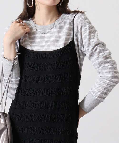 JEMORGAN(ジェーイーモーガン)の「JEMORGAN ワッフルボーダー柄ラグランクルーネック(パック入)(Tシャツ/カットソー・レディース・ホワイト×ネイビー/グレー×ホワイト/ブルー系その他/ブルー系その他2/レッド系その他/ホワイト×グリーン/杢グレー/ナチュラル・FREE/F)」の4枚目の写真