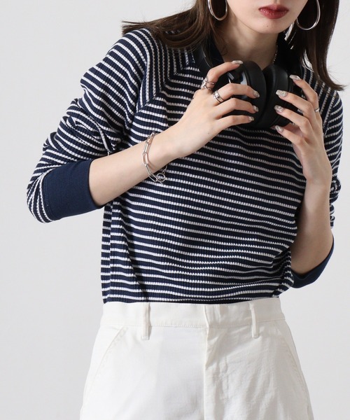 JEMORGAN(ジェーイーモーガン)の「JEMORGAN ワッフルボーダー柄ラグランクルーネック(パック入)(Tシャツ/カットソー・レディース・ホワイト×ネイビー/グレー×ホワイト/ブルー系その他/ブルー系その他2/レッド系その他/ホワイト×グリーン/杢グレー/ナチュラル・FREE/F)」の7枚目の写真