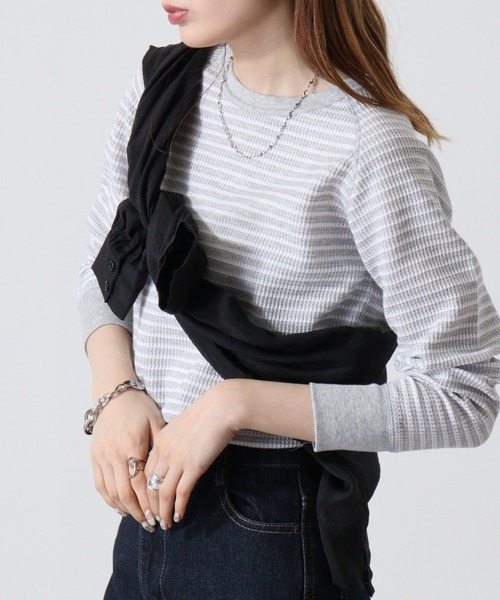 JEMORGAN(ジェーイーモーガン)の「JEMORGAN ワッフルボーダー柄ラグランクルーネック(パック入)(Tシャツ/カットソー・レディース・ホワイト×ネイビー/グレー×ホワイト/ブルー系その他/ブルー系その他2/レッド系その他/ホワイト×グリーン/杢グレー/ナチュラル・FREE/F)」の18枚目の写真