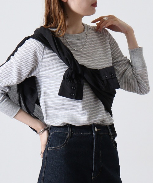 JEMORGAN(ジェーイーモーガン)の「JEMORGAN ワッフルボーダー柄ラグランクルーネック(パック入)(Tシャツ/カットソー・レディース・ホワイト×ネイビー/グレー×ホワイト/ブルー系その他/ブルー系その他2/レッド系その他/ホワイト×グリーン/杢グレー/ナチュラル・FREE/F)」の16枚目の写真