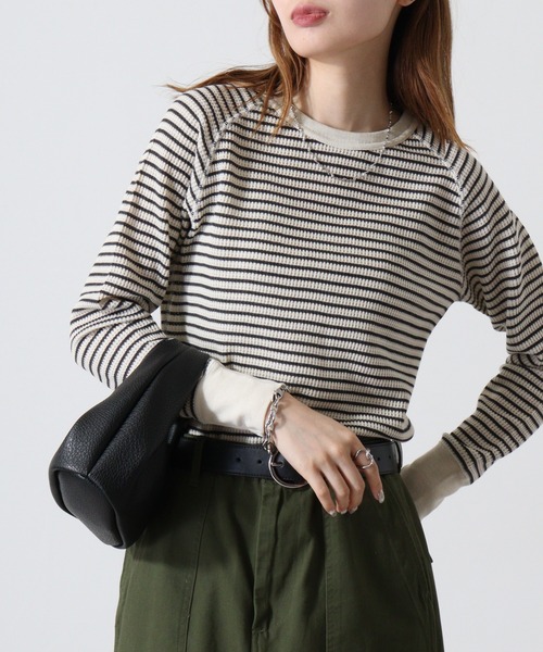 JEMORGAN(ジェーイーモーガン)の「JEMORGAN ワッフルボーダー柄ラグランクルーネック(パック入)(Tシャツ/カットソー・レディース・ホワイト×ネイビー/グレー×ホワイト/ブルー系その他/ブルー系その他2/レッド系その他/ホワイト×グリーン/杢グレー/ナチュラル・FREE/F)」の12枚目の写真