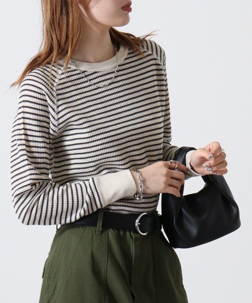 JEMORGAN(ジェーイーモーガン)の「JEMORGAN ワッフルボーダー柄ラグランクルーネック(パック入)(Tシャツ/カットソー・レディース・ホワイト×ネイビー/グレー×ホワイト/ブルー系その他/ブルー系その他2/レッド系その他/ホワイト×グリーン/杢グレー/ナチュラル・FREE/F)」の11枚目の写真